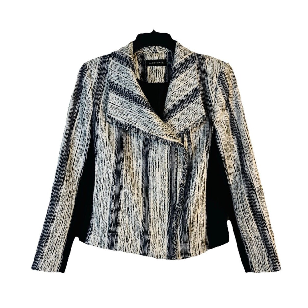 Ivanka Trump Women's Sz 10 Blue Striped Tweed Fringe Side Zip Blazer Jacket